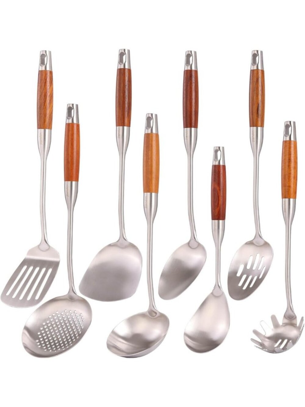 Stainless Steel Kitchen Utensils Set with Wooden Handles - 18/10 Durable